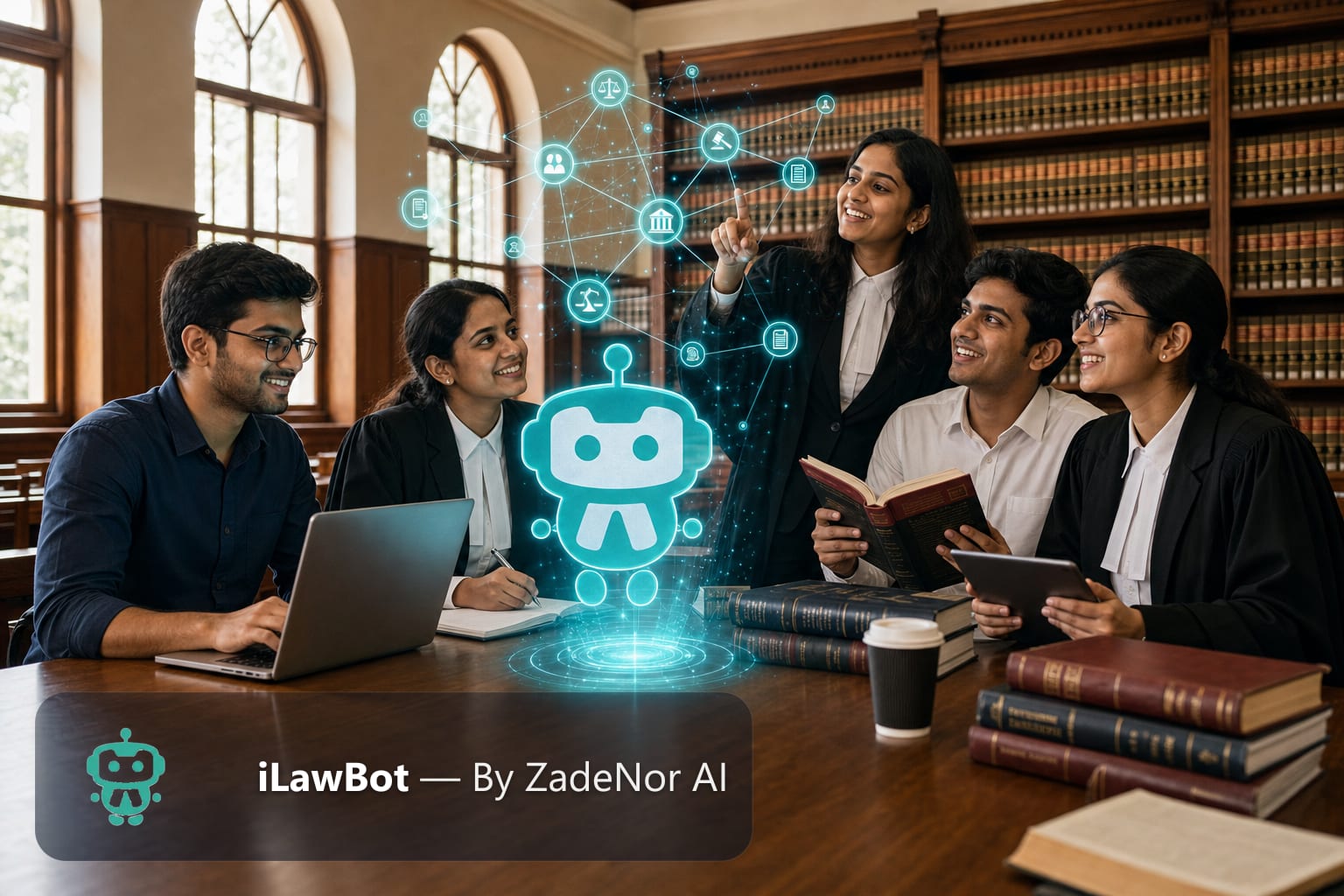 Law students reviewing a research chatbot question-and-answer on a laptop
